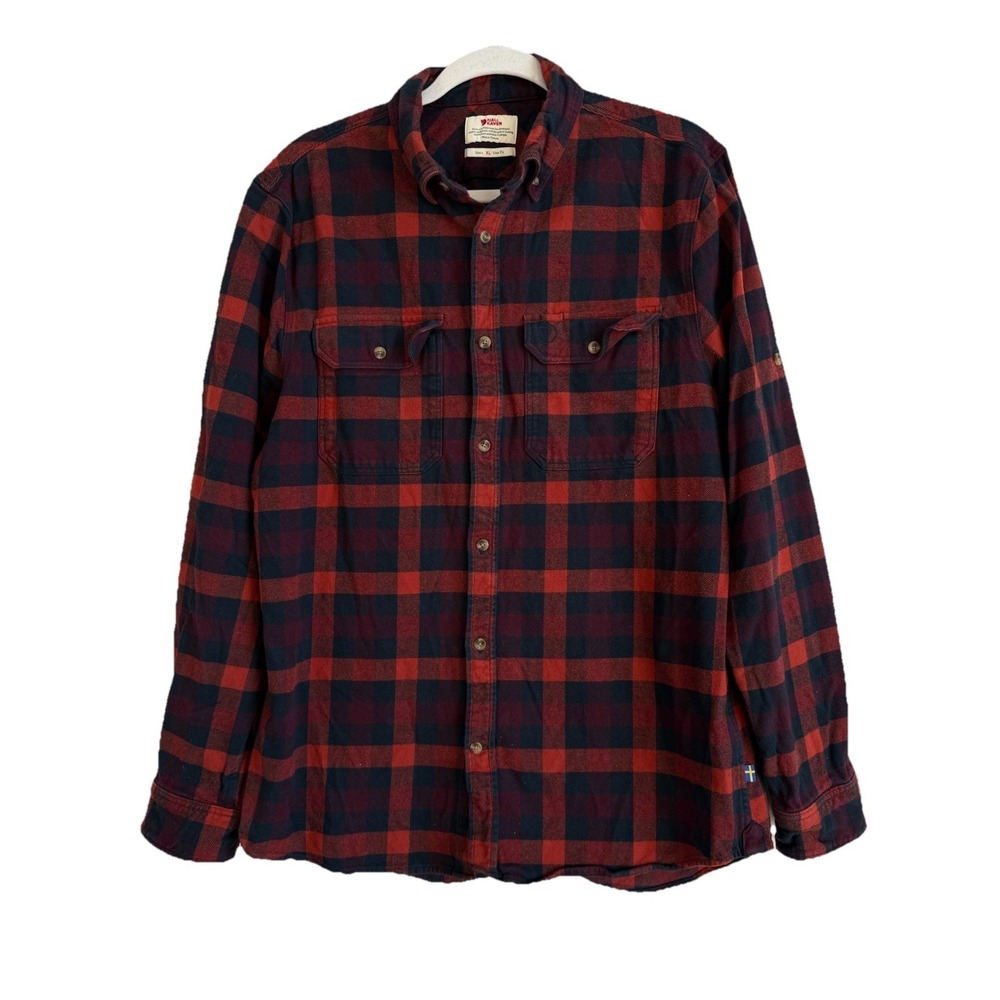 Fjallraven Skog Button Up Shirt Mens XL Red‎ Blue Plaid Slim Hiking Outdoors